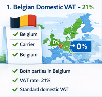Carte de la Belgique avec des itinéraires de transport montrant l’application d’une TVA nationale à 21% sur les factures ExusTrans