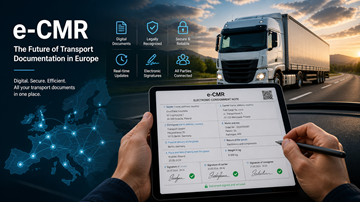 Conducteur utilisant une tablette avec un document CMR numérique pendant qu’un transport routier est en cours en Europe, illustrant la digitalisation moderne de la logistique