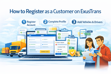 Inscription en tant que client sur la plateforme ExusTrans avec configuration du profil, vérification de l’entreprise et gestion du transport