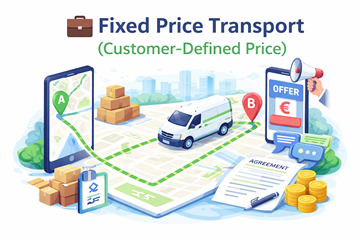 Ordre de transport à prix fixe avec itinéraire du point A au point B, montrant un prix défini par le client et un accord avec le transporteur