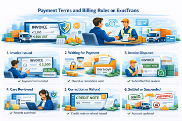 Illustration d’un accord commercial et d’un processus de paiement numérique montrant les règles de facturation et la conformité sur ExusTrans