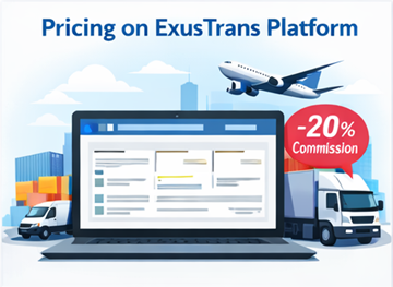 Tableau de bord de la plateforme de tarification ExusTrans affichant les options de transport express, prix fixe et distribution avec un système de commission de 20%