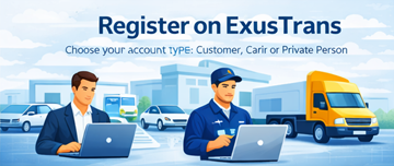 Page d’inscription sur ExusTrans avec trois types de comptes pour les clients, les transporteurs et les particuliers à travers l’Europe