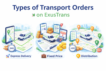Vue d’ensemble des ordres de transport express, à prix fixe et de distribution sur ExusTrans, avec une illustration de planification d’itinéraire et de tarification